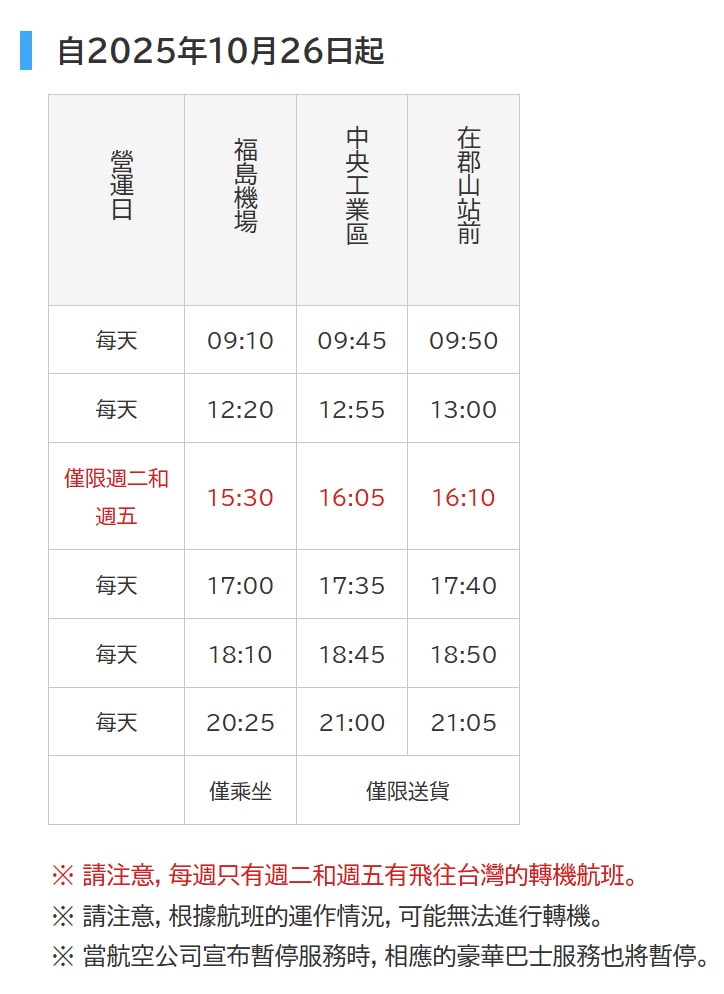 福島機場前往郡山時刻表