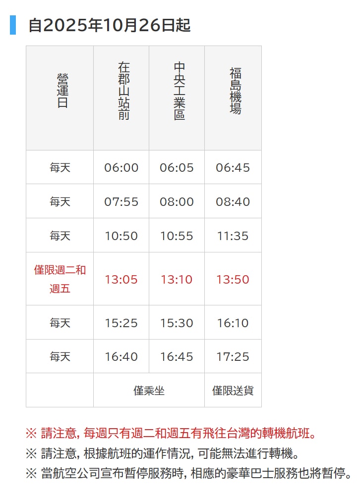 郡山前往福島機場巴士時刻表2026